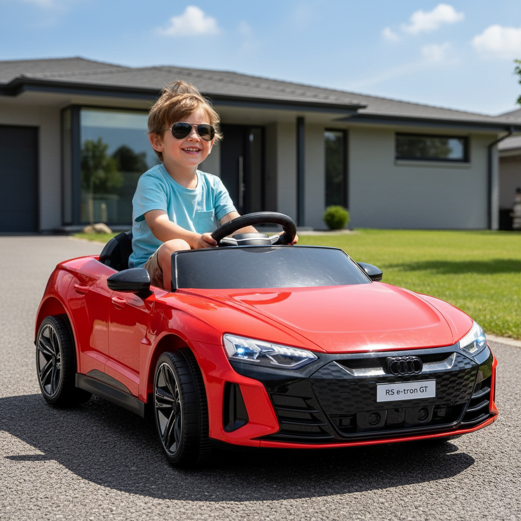 Child driving a red toy car on a driveway with a house in the background