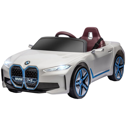 White BMW LuxeDrive 12V kids electric ride-on car by Little Play World with parental remote control, designed for kids' play.