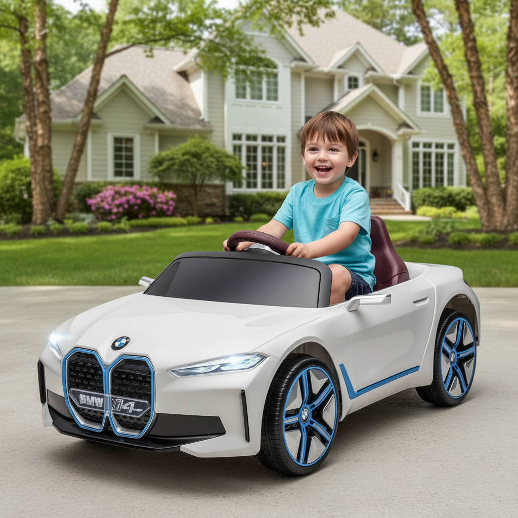 White BMW LuxeDrive 12V kids electric ride-on car with parental remote from Little Play World, designed for safe outdoor play.