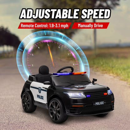 Little Play World Elite Patrol 12V kids police ride-on car with remote control and adjustable speeds, featuring police cruiser design.