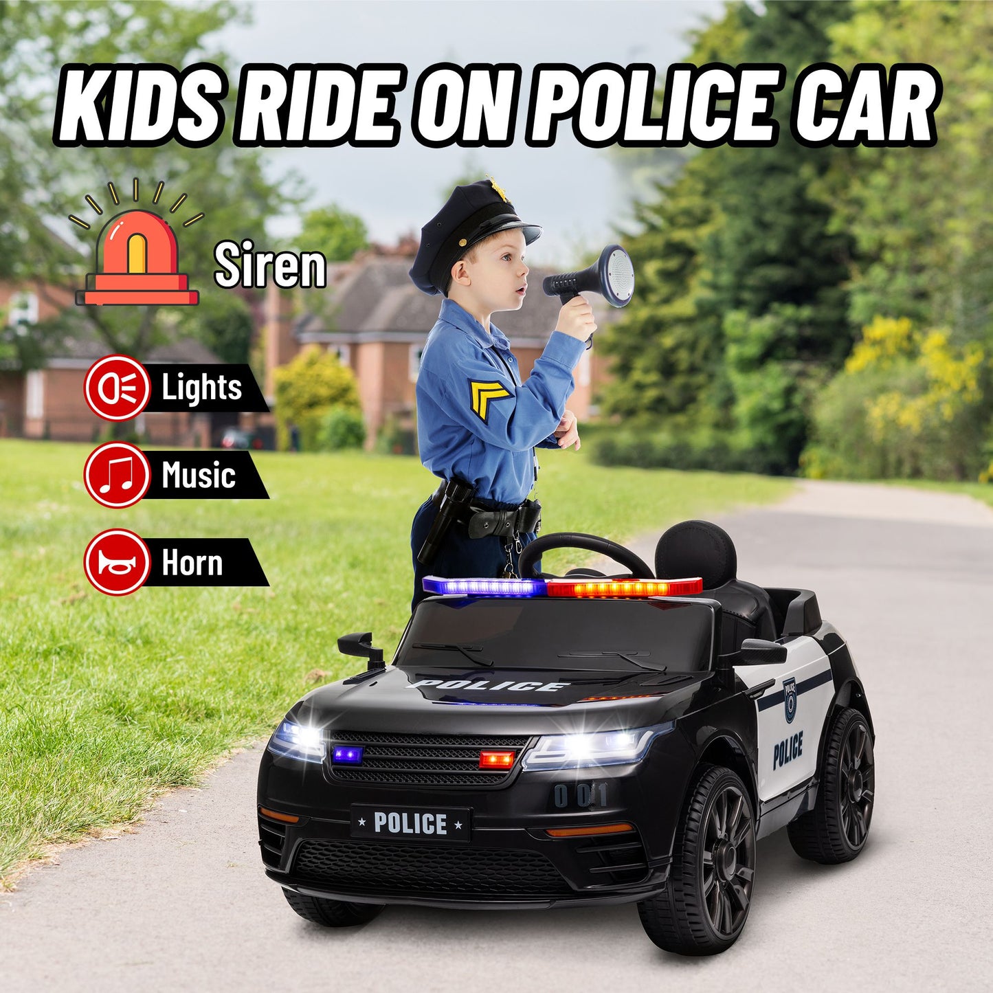 Little Play World Elite Patrol 12V kids police ride-on car with remote control and adjustable speeds, featuring a detailed police cruiser design.