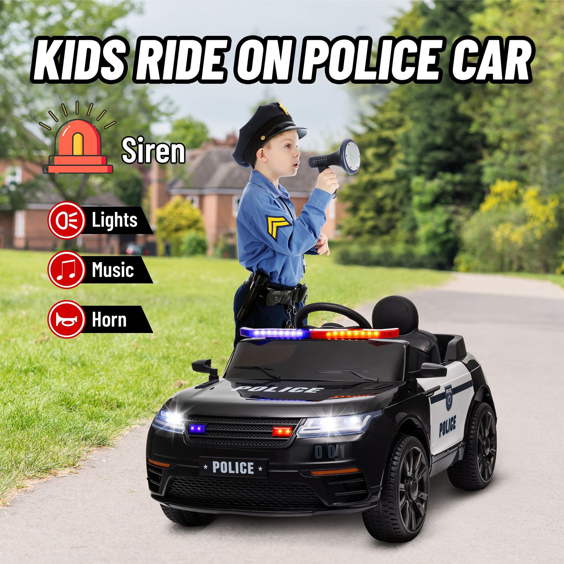 Little Play World Elite Patrol 12V kids police ride-on car with remote control and adjustable speeds, featuring a detailed police cruiser design.