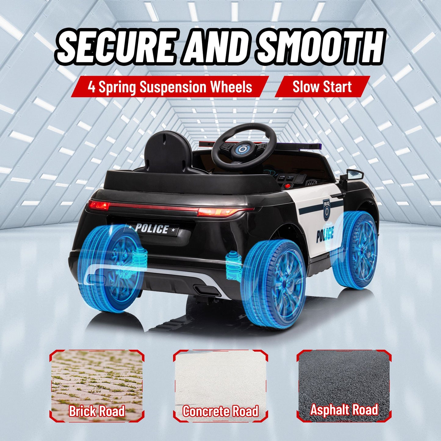 Little Play World Elite Patrol 12V kids police ride-on car with remote control and adjustable speeds, featuring a realistic police cruiser design.