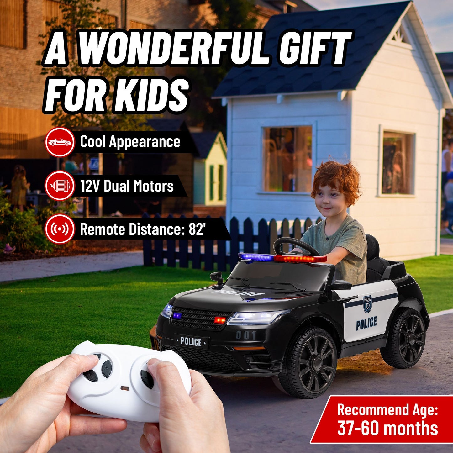 Little Play World Elite Patrol 12V kids police ride-on car with remote control and adjustable speeds, featuring police cruiser design.