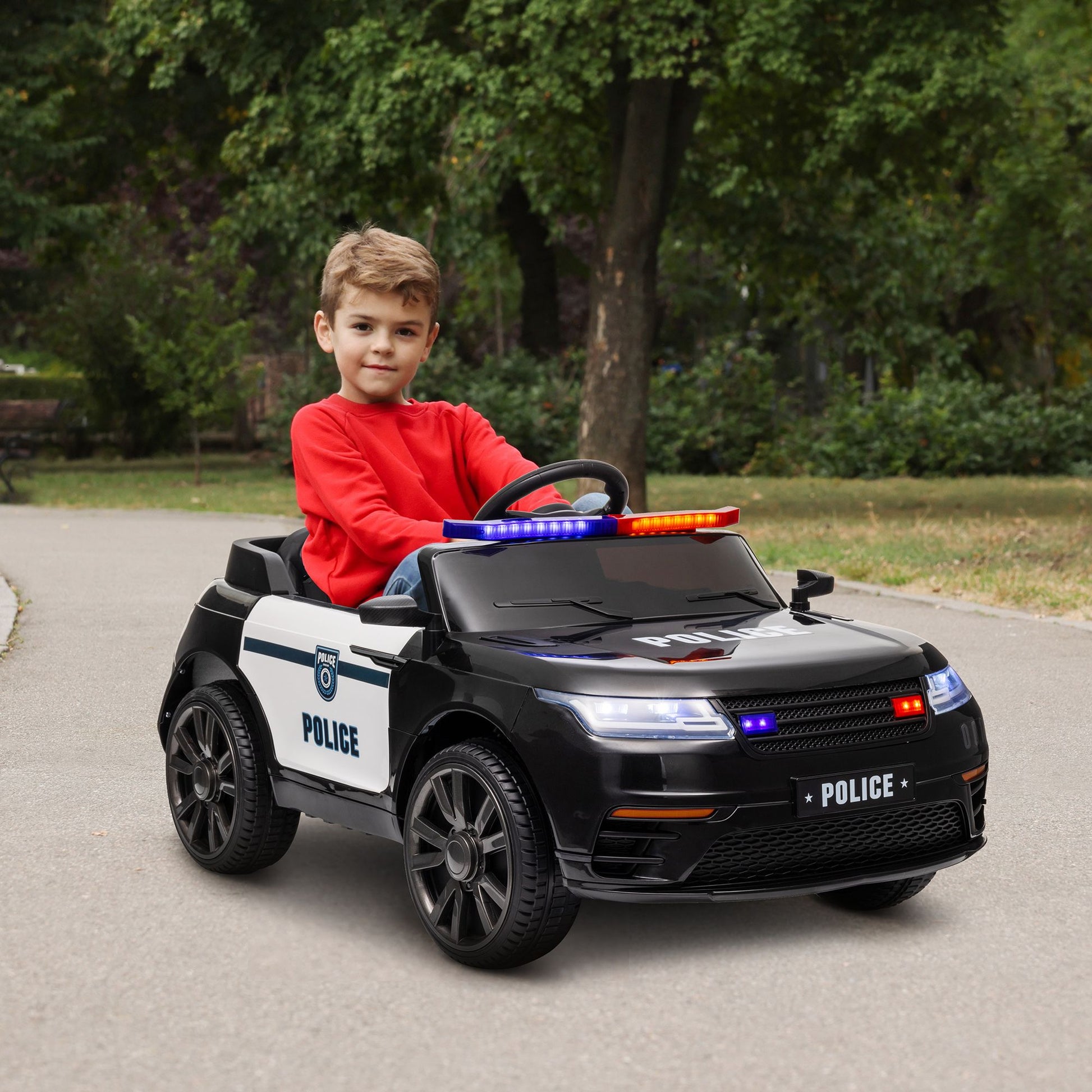Little Play World Elite Patrol 12V kids police ride-on car with remote control and adjustable speeds, featuring a police cruiser design.