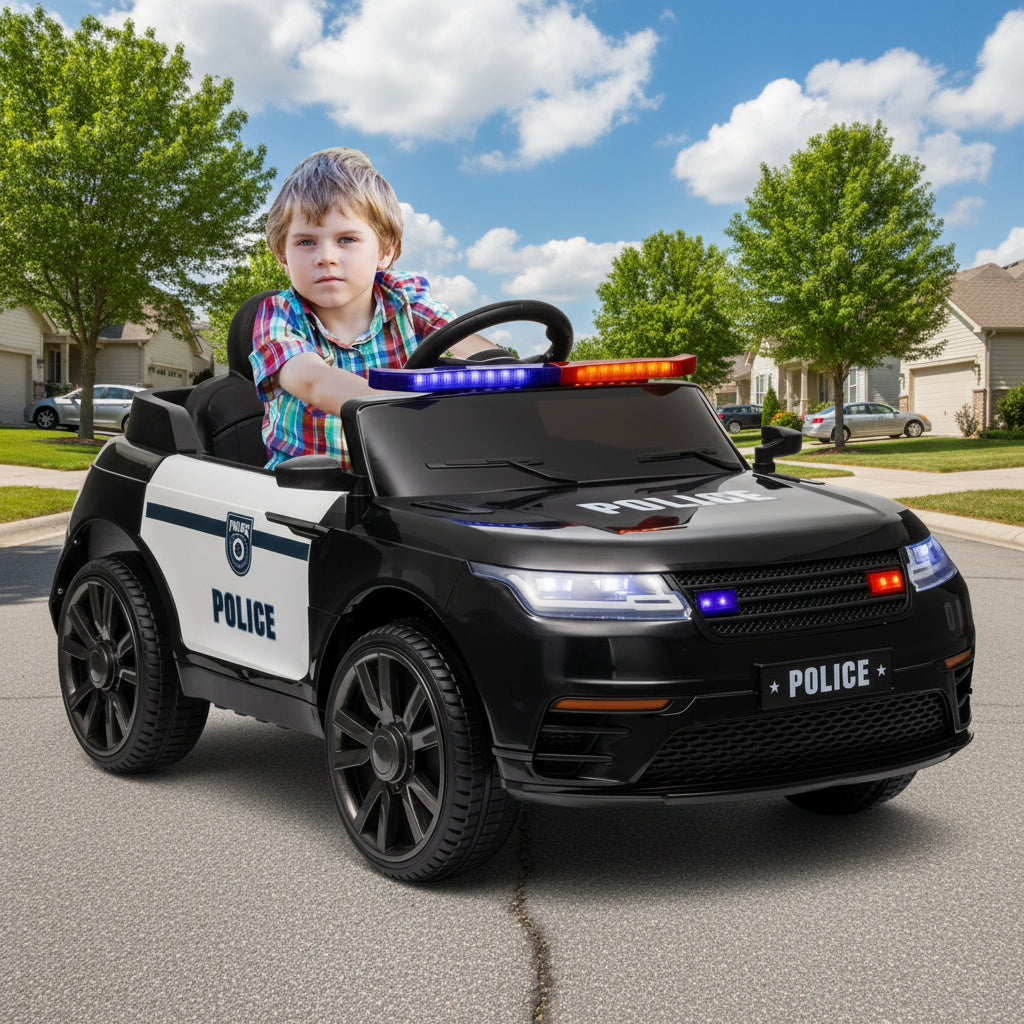 Little Play World Elite Patrol 12V kids police ride-on car with remote control and adjustable speeds, featuring police cruiser design.