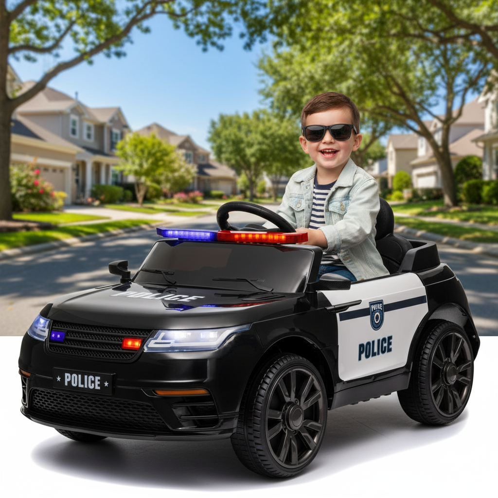 Little Play World Elite Patrol 12V kids police ride-on car with remote control and adjustable speed settings, featuring police cruiser design.