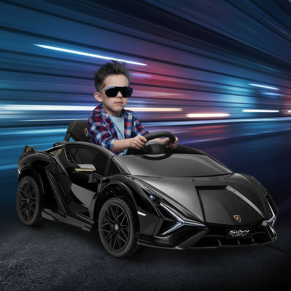 Child in sunglasses sitting in a toy sports car with a dynamic background