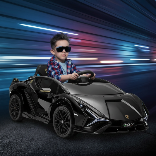 Child in sunglasses sitting in a toy sports car with a dynamic background