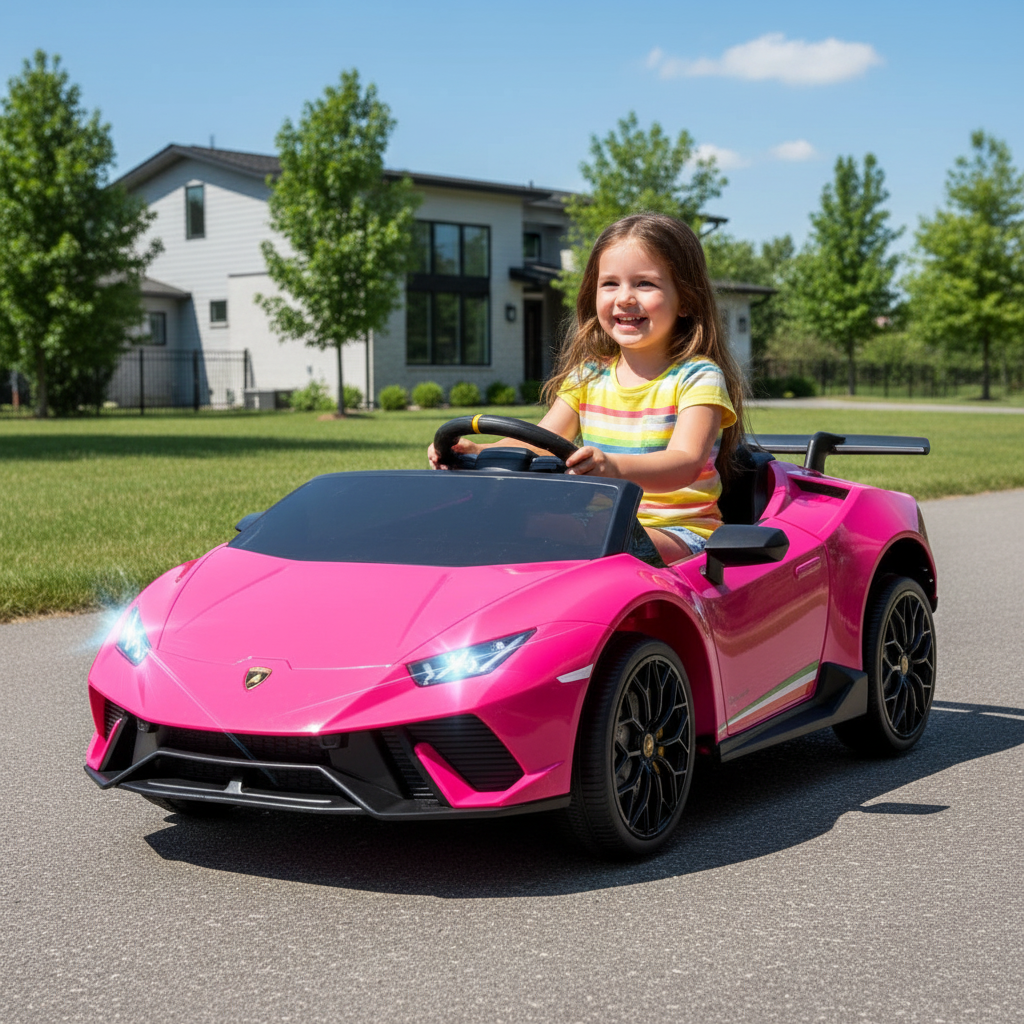 Young girl driving a pink toy car on a driveway with a house and trees in the background