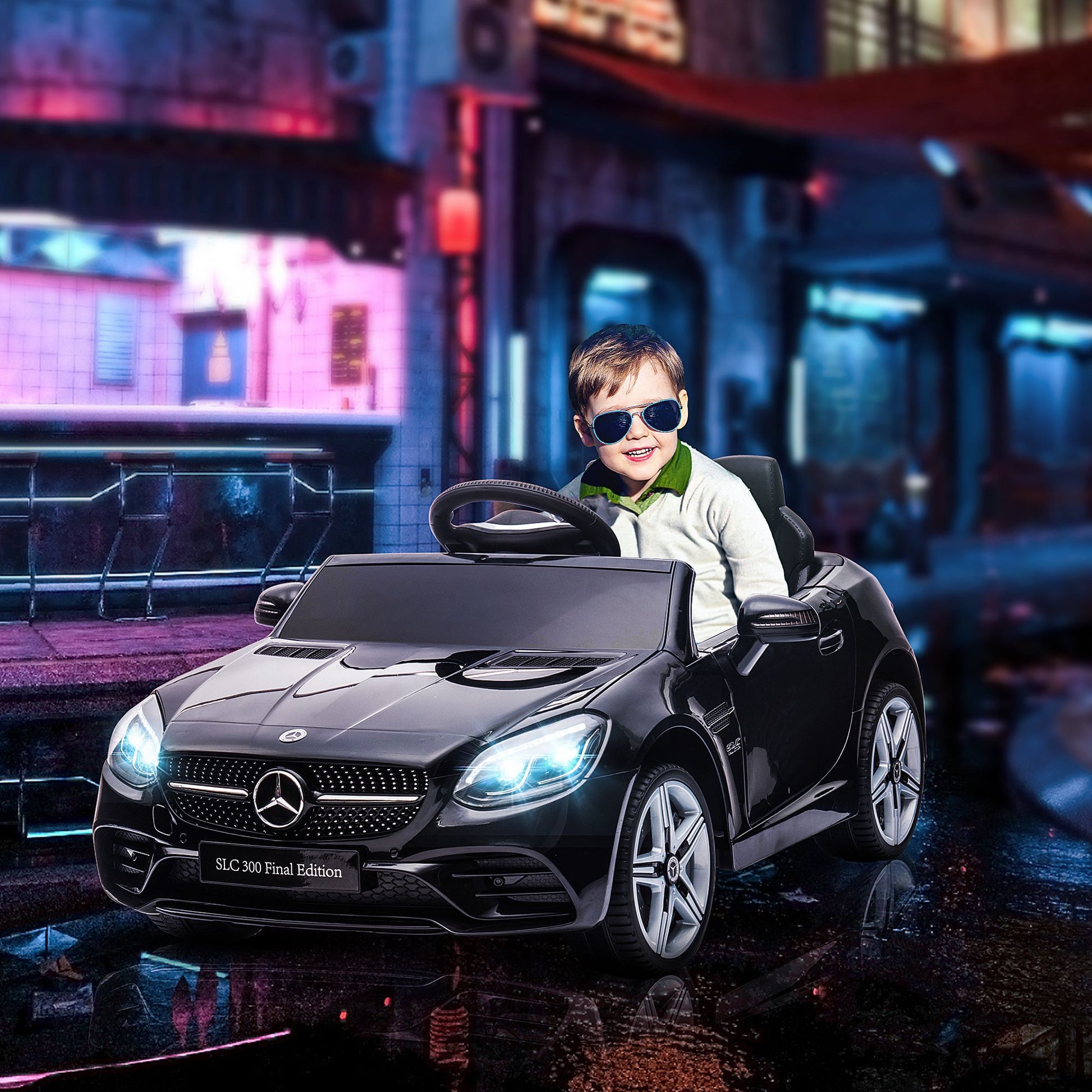 Black Mercedes-Benz Veloce 12V dual-seat kids electric ride-on car with parental remote by Little Play World.