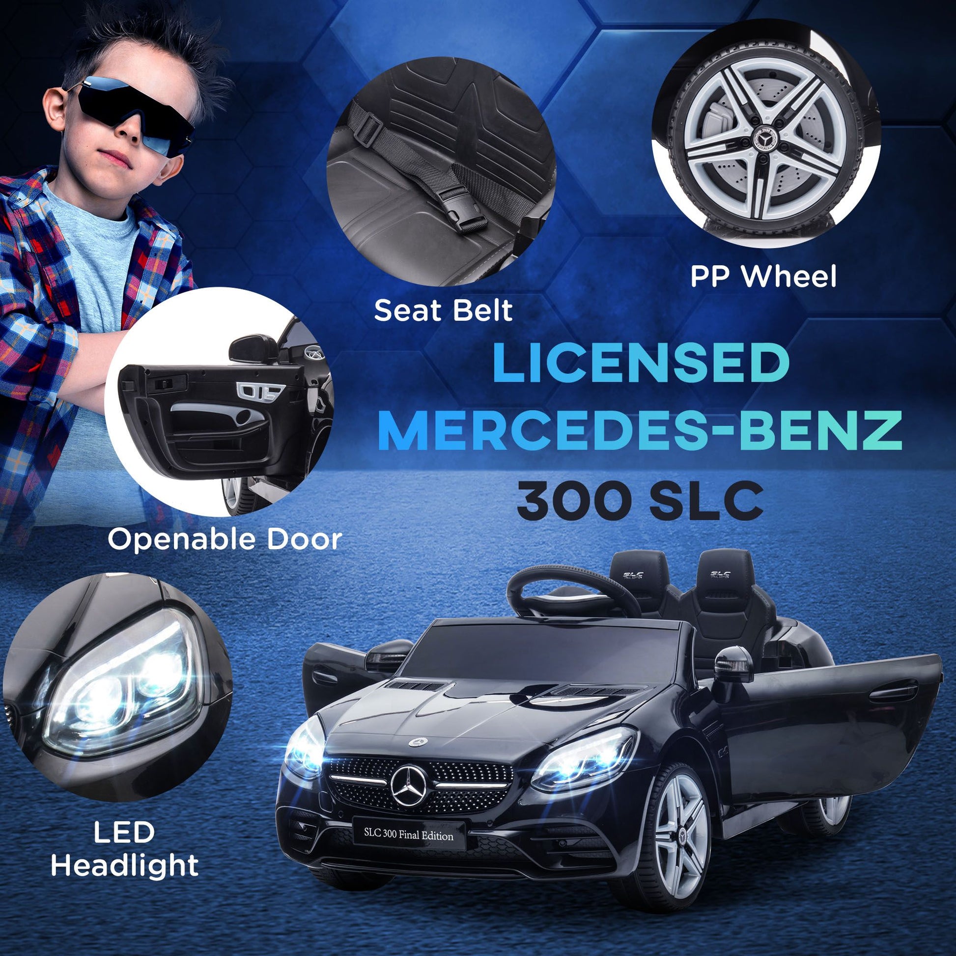 Black Mercedes-Benz Veloce 12V dual-seat kids' ride-on car by Little Play World with remote control.