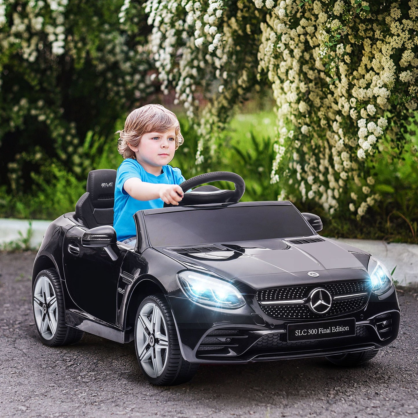 Black Mercedes-Benz Veloce 12V dual-seat kids electric ride-on car with parental remote by Little Play World.