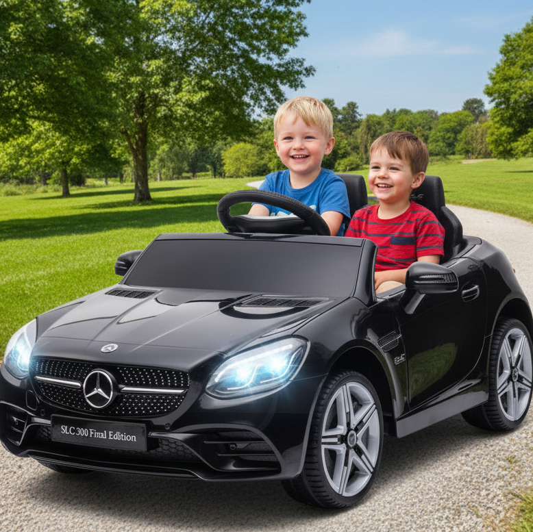 Little Play World Veloce™ 12V dual-seat kids electric ride-on car with parental remote, black Mercedes-Benz supercar for children.