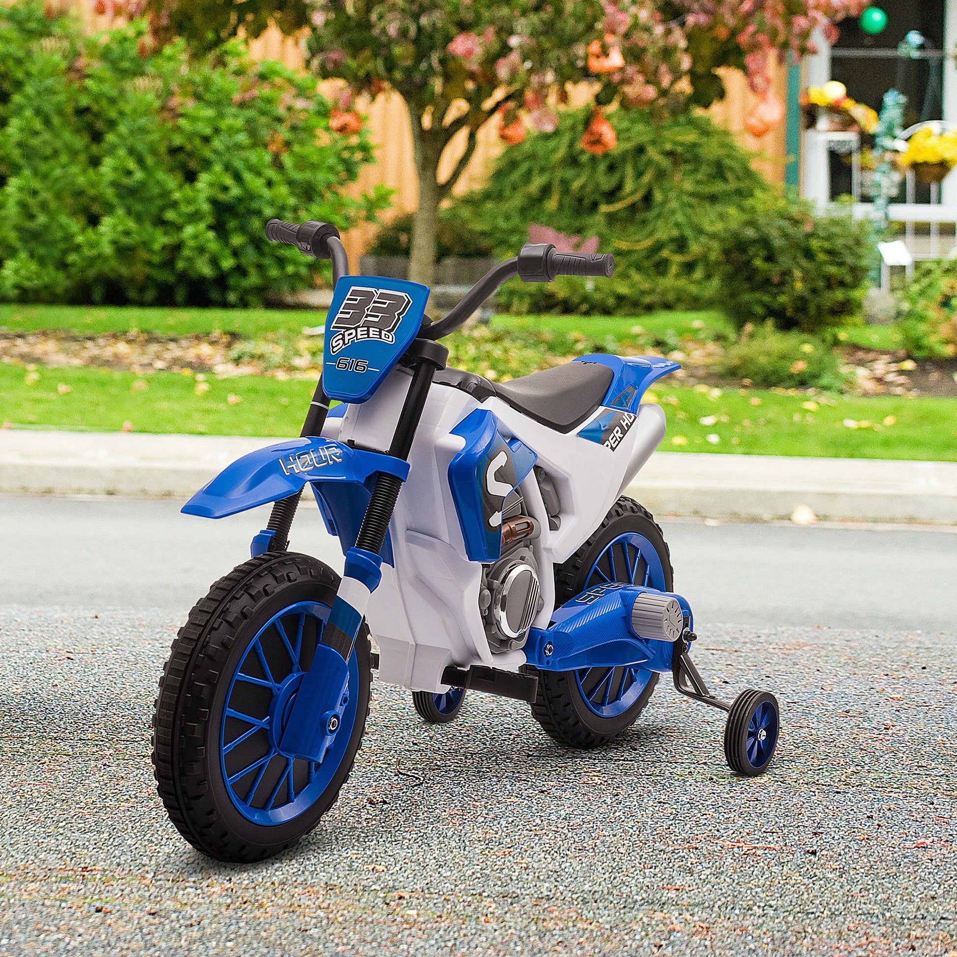 Little Play World RidgeScout 12V kids electric dirt bike with training wheels, featuring a rugged design and colorful accents.