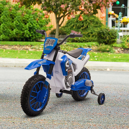 Little Play World RidgeScout 12V kids electric dirt bike with training wheels, featuring a rugged design and colorful accents.
