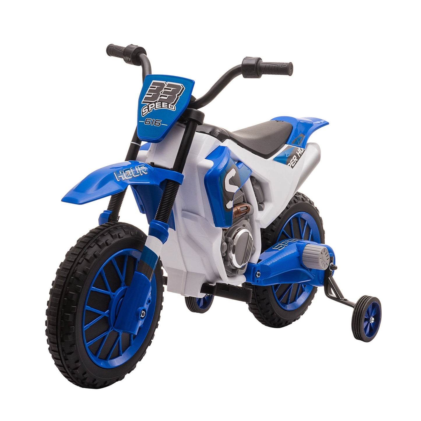 Little Play World RidgeScout™ 12V kids electric dirt bike with training wheels, colorful ride-on toy for children.