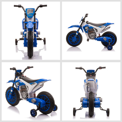 Little Play World RidgeScout™ 12V kids electric dirt bike with training wheels, featuring colorful design and sturdy build for young riders.