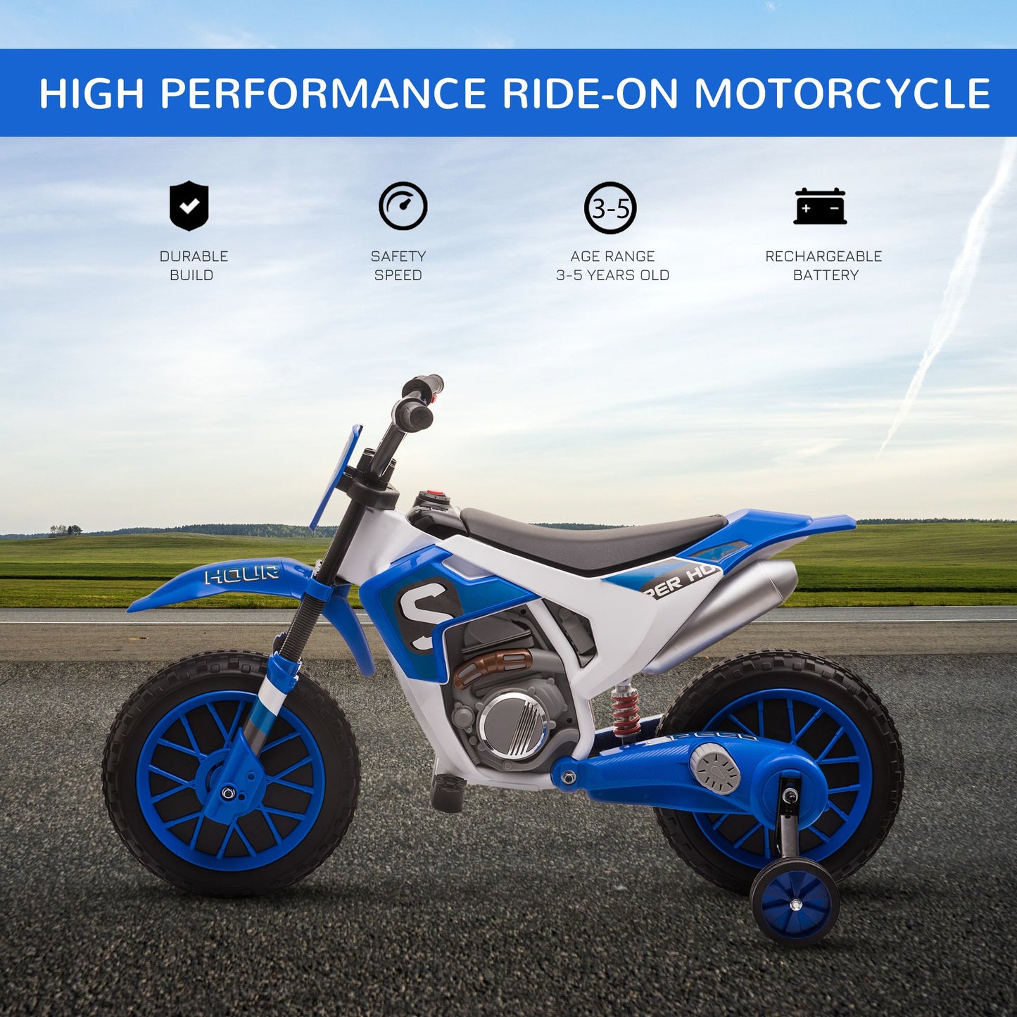 Little Play World RidgeScout 12V kids electric dirt bike with training wheels, blue ride-on car for kids, durable and fun outdoor toy.