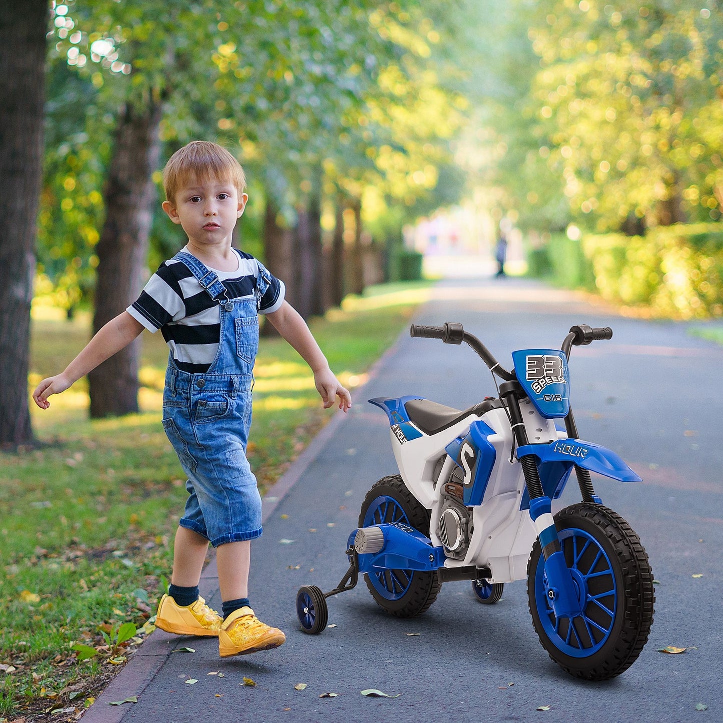 Little Play World RidgeScout 12V kids electric dirt bike with training wheels, featuring a sturdy ride-on design for children.