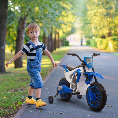 Little Play World RidgeScout 12V kids electric dirt bike with training wheels, featuring a sturdy ride-on design for children.