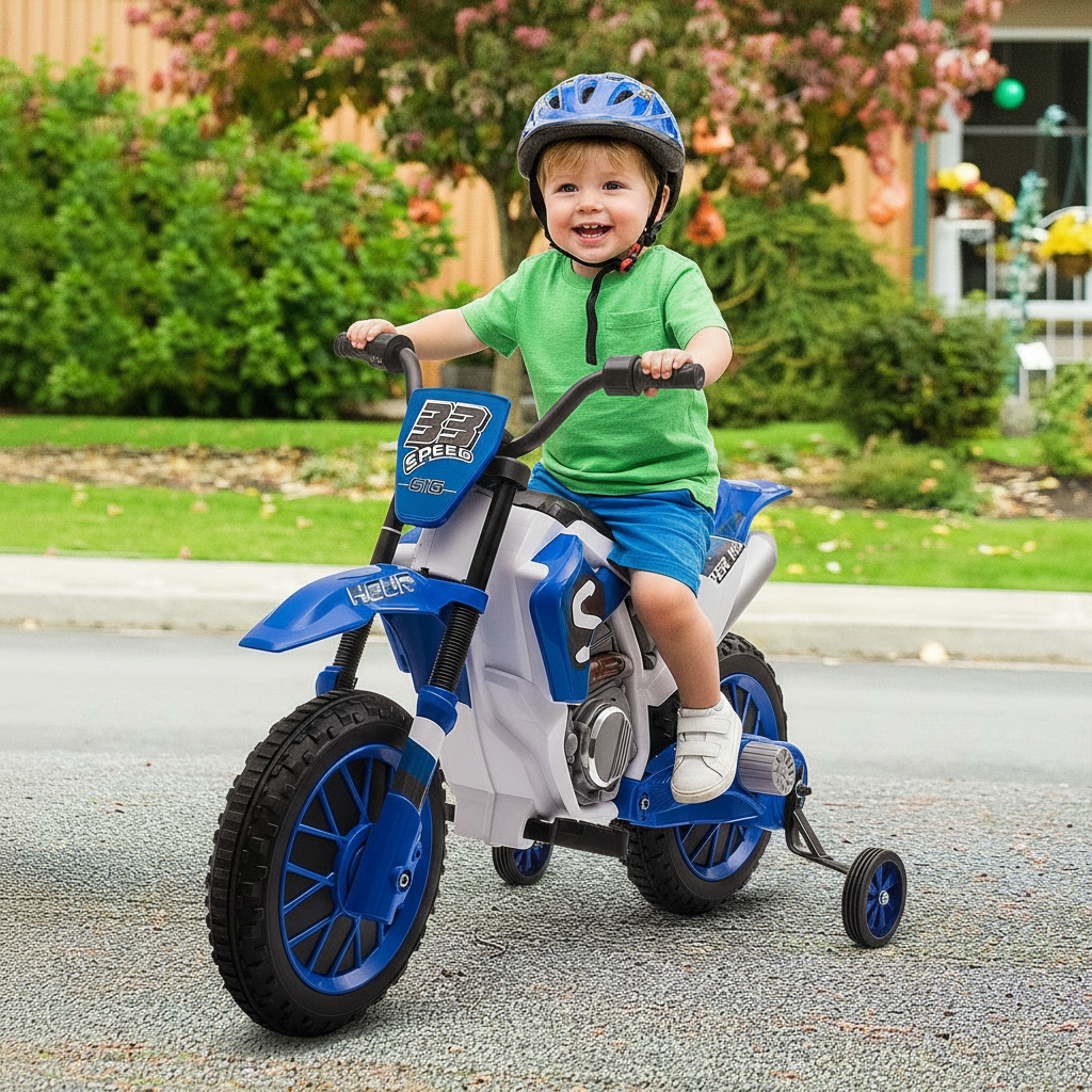 Little Play World RidgeScout™ 12V kids electric dirt bike with training wheels, designed for ride-on dirt bike fun for children.