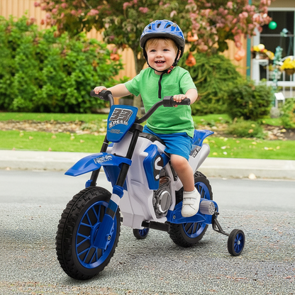 Little Play World RidgeScout™ 12V kids electric dirt bike with training wheels, designed for ride-on dirt bike fun for children.