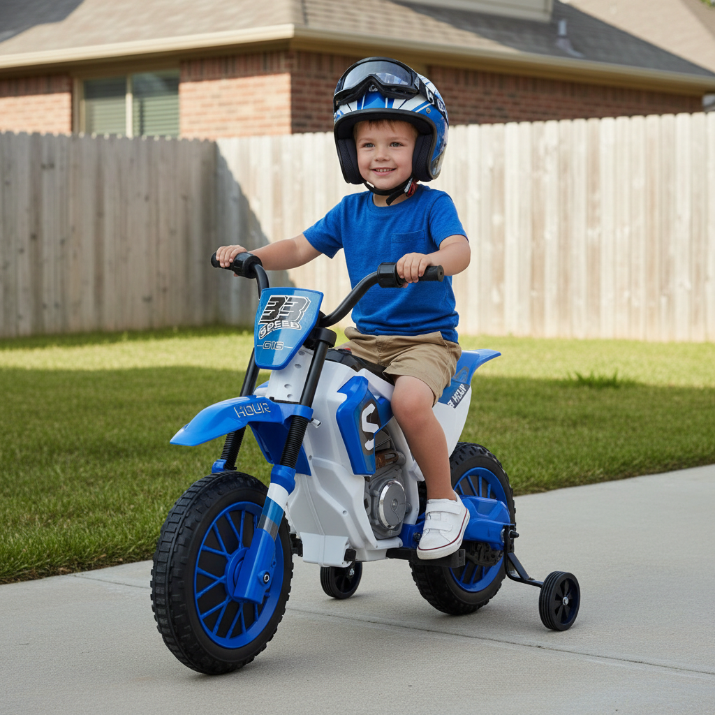 Little Play World RidgeScout™ 12V kids electric dirt bike with training wheels, kids riding on a durable ride-on car for outdoor fun.