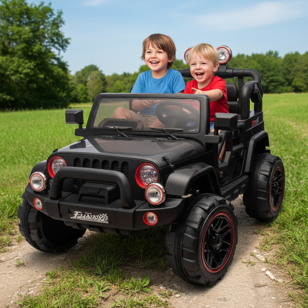 Two children in a black toy jeep on a dirt path with greenery in the background