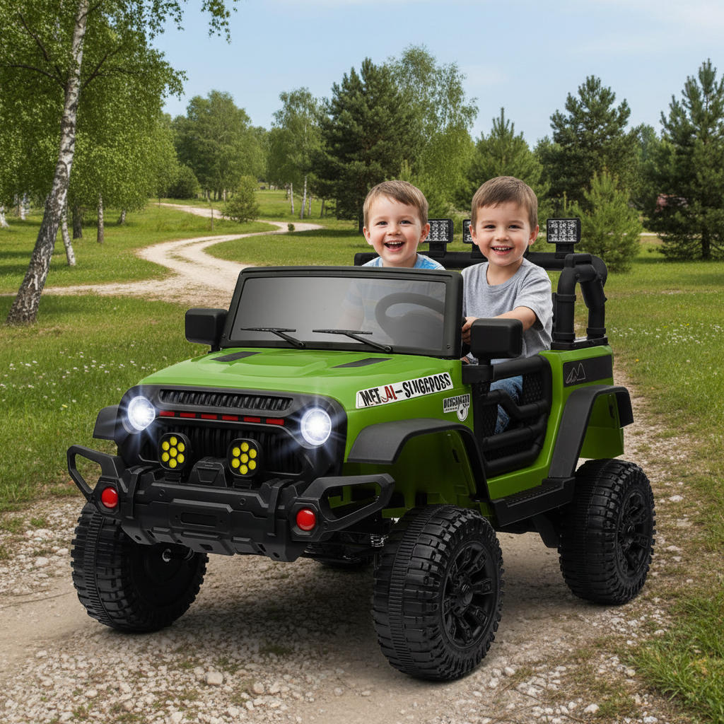 Two children sitting in a green toy jeep in a park setting.