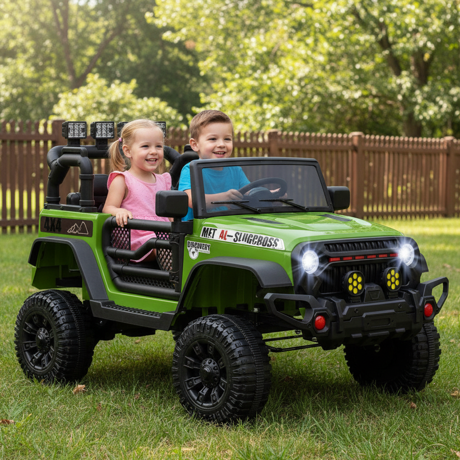 Two children in a green toy jeep on grass with trees in the background