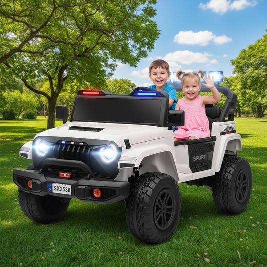 Children playing in a toy electric car on a grassy area with trees and blue sky in the background.