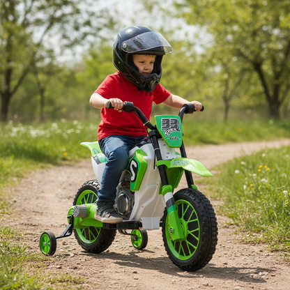 Child riding a green and white balance bike on a dirt path with trees in the background