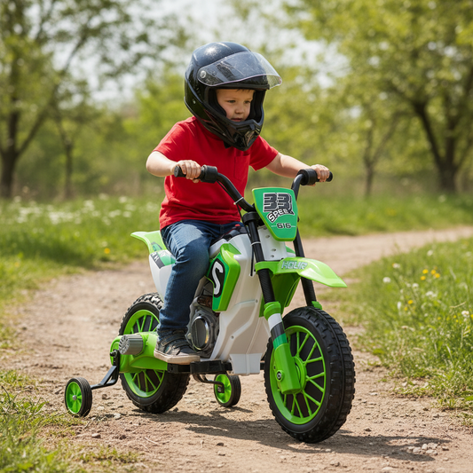 Child riding a green and white balance bike on a dirt path with trees in the background