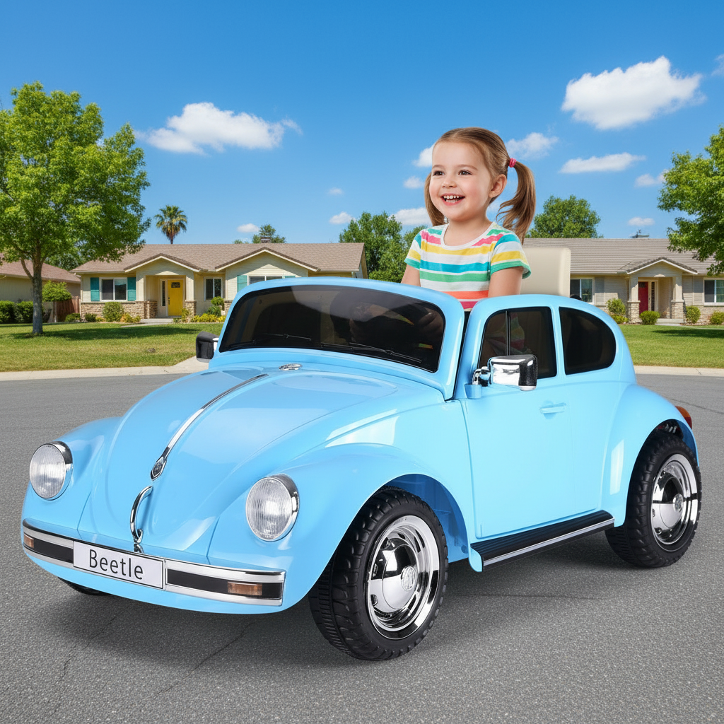 Child sitting in a blue toy Volkswagen Beetle car on a residential street.