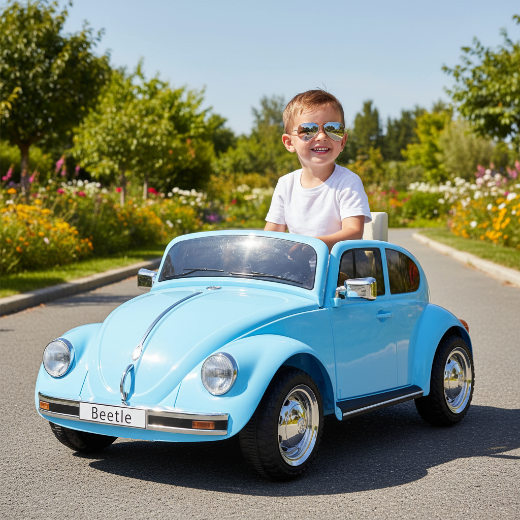 Child driving a blue toy Volkswagen Beetle car on a sunny day.