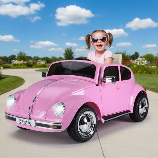 Child in a pink Volkswagen Beetle toy car on a sunny day.
