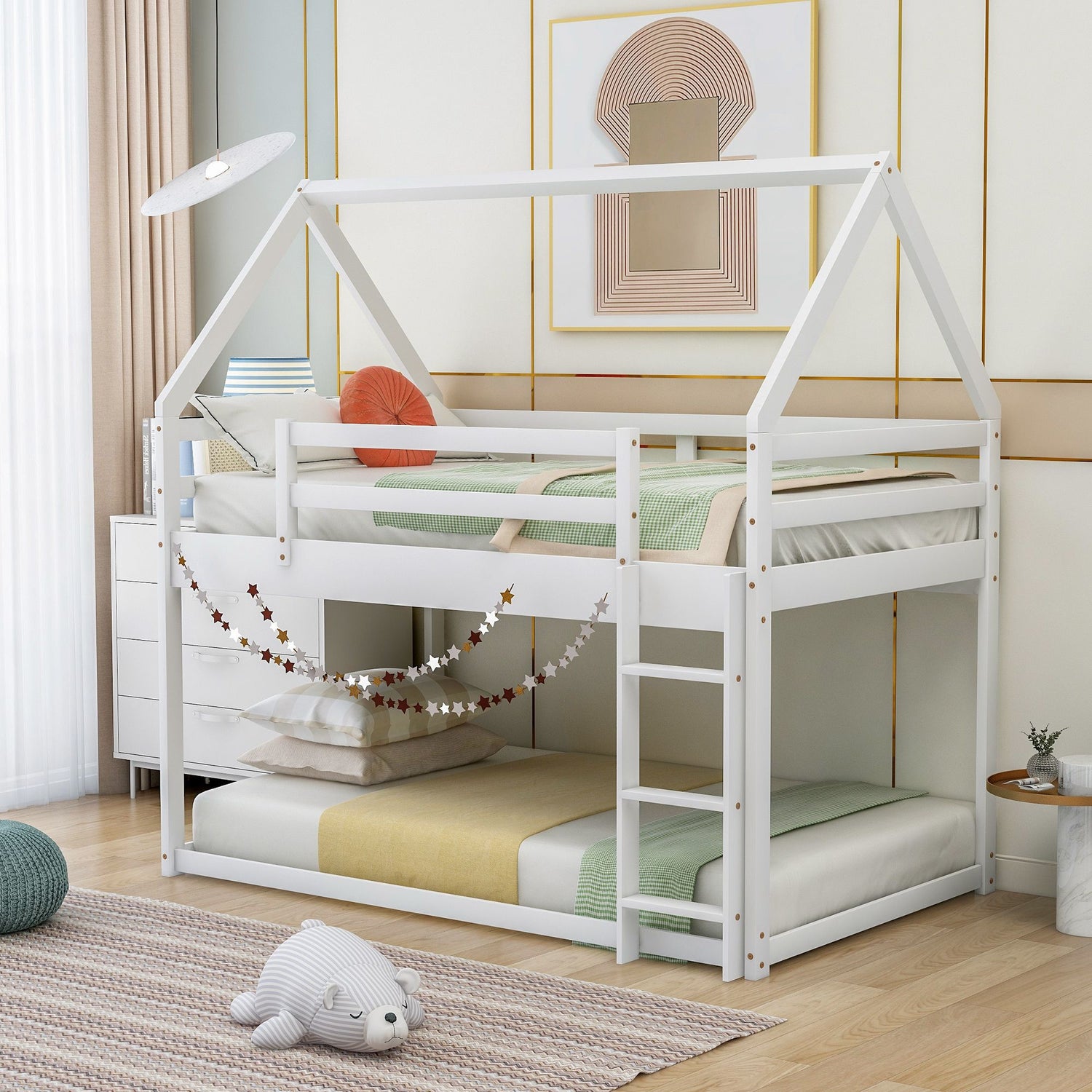 White DreamHaven Twin Over Twin House Bunk Bed with slide and ladder, featuring a cozy house design and easy access ladder.