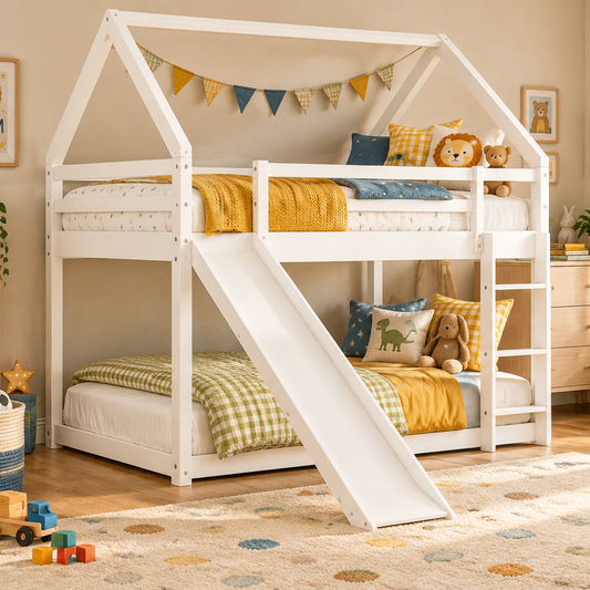White twin over twin house bunk bed with slide and ladder, ideal kids bed from Little Play World, featuring playful design and easy access.