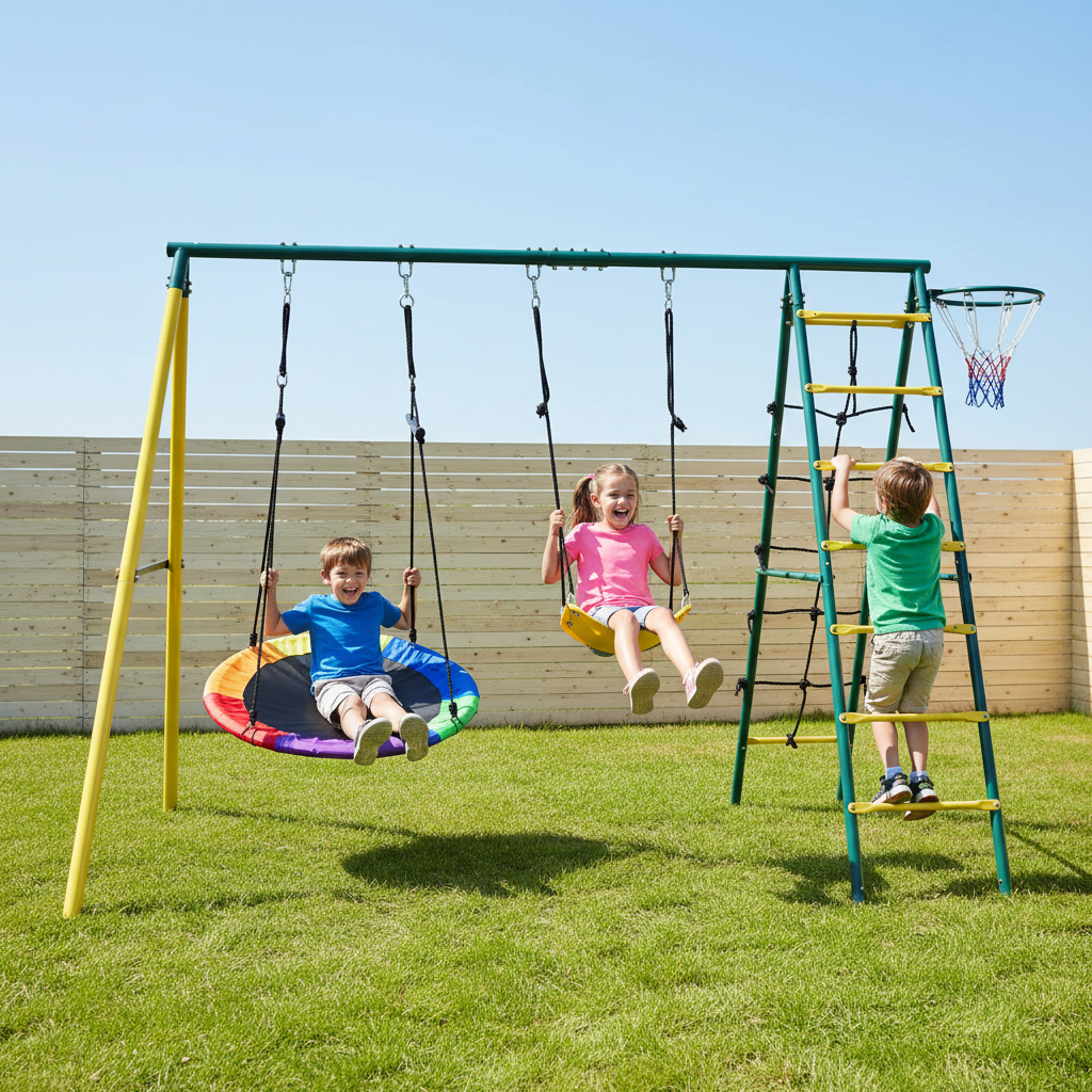 Children playing on a colorful playground set with swings and a ladder in a grassy area.