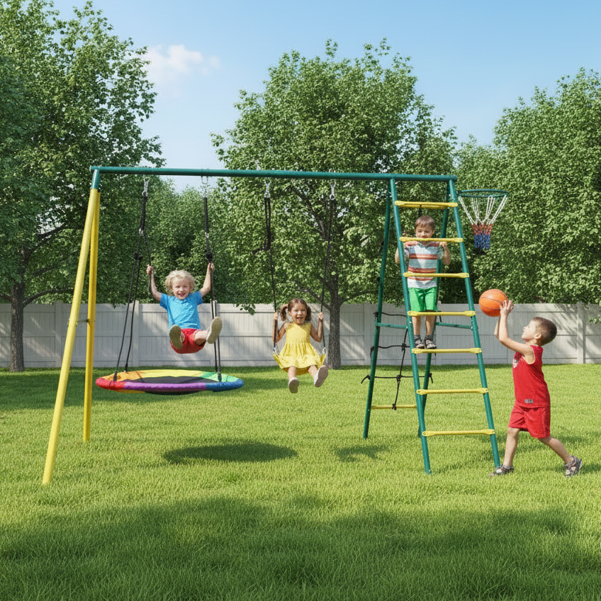 Children playing on a playground set in a park with green grass and trees.