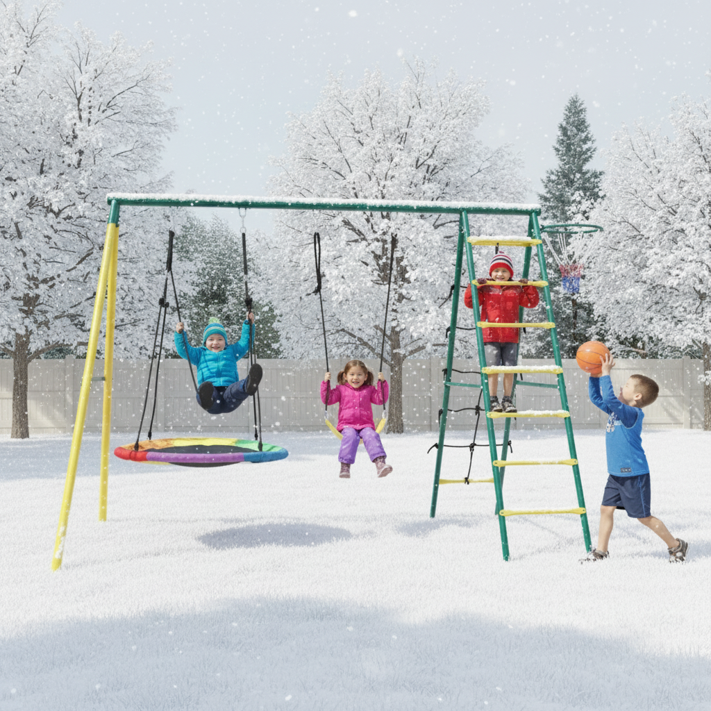 3-in-1 Outdoor Swing Set with Climbing Gym and Basketball Hoop - Little Play World Store