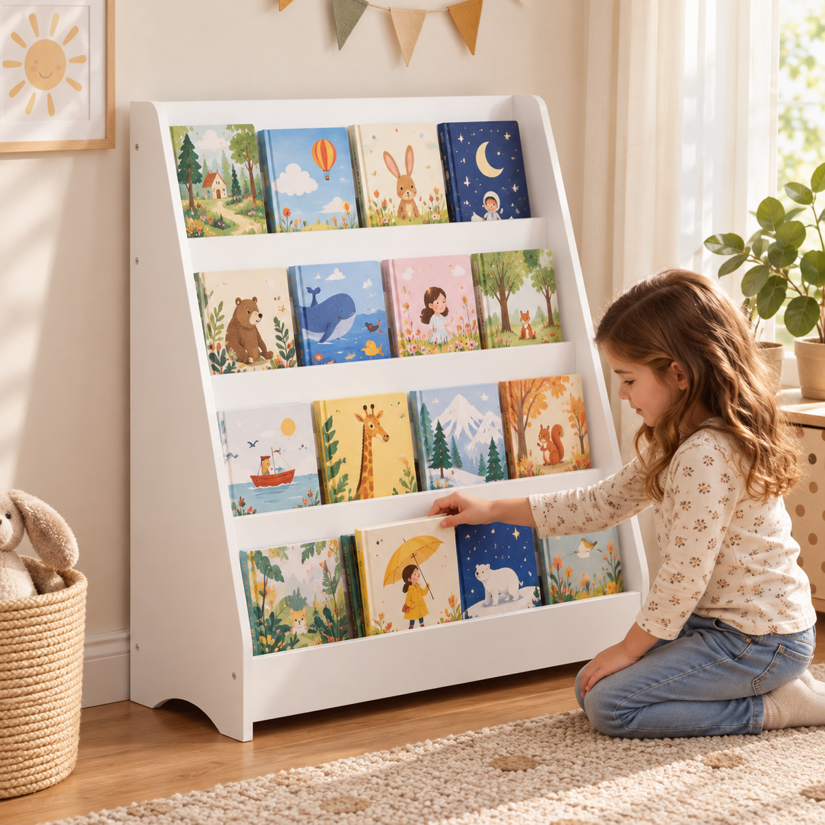 White Storyhaven 4-tier kids bookshelf by Little Play World with colorful books and toys in a child’s room