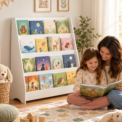 White Storyhaven 4-tier kids bookshelf by Little Play World displaying children's books in a playroom