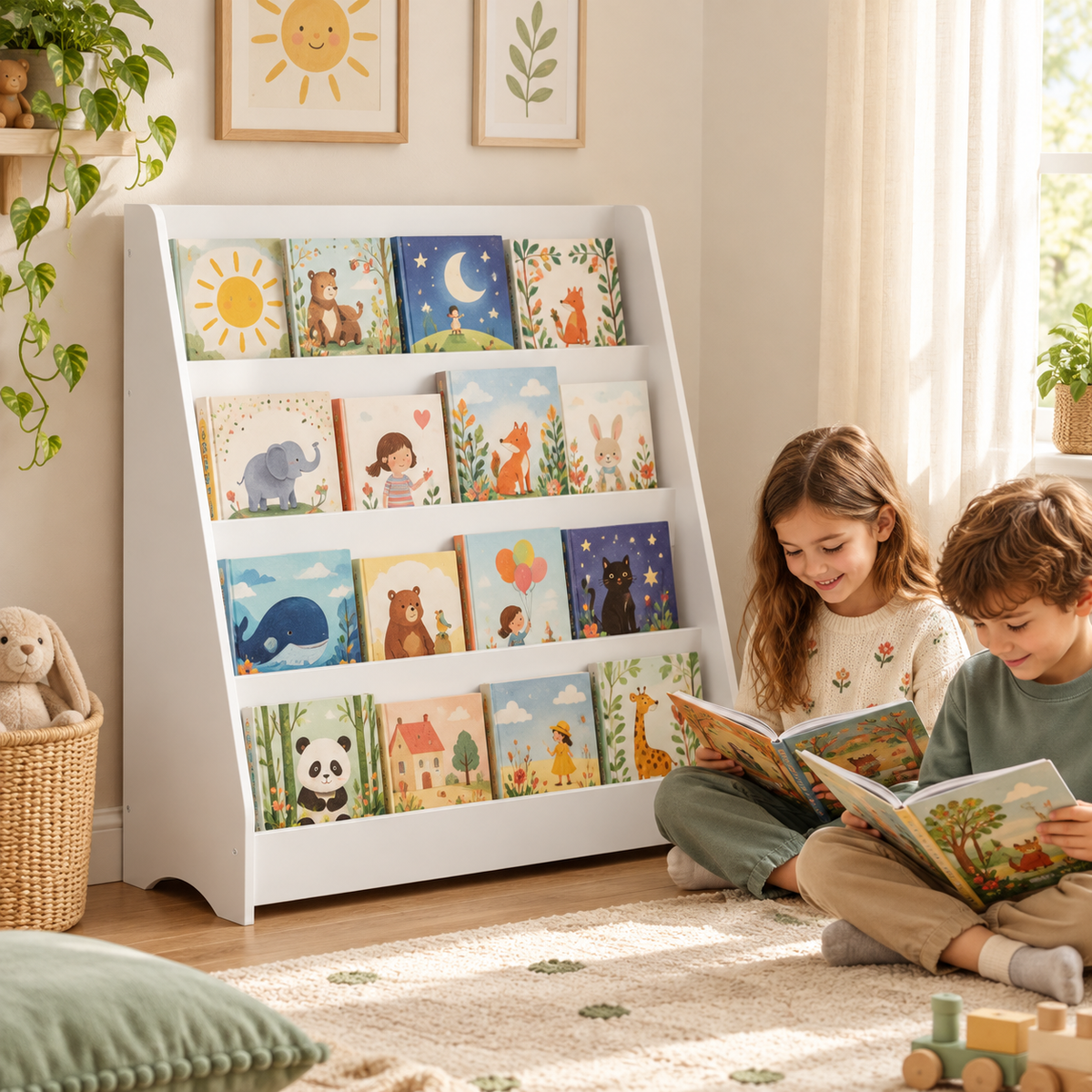 Storyhaven 4-tier kids bookshelf by Little Play World in white, styled in a children's room with books and decor