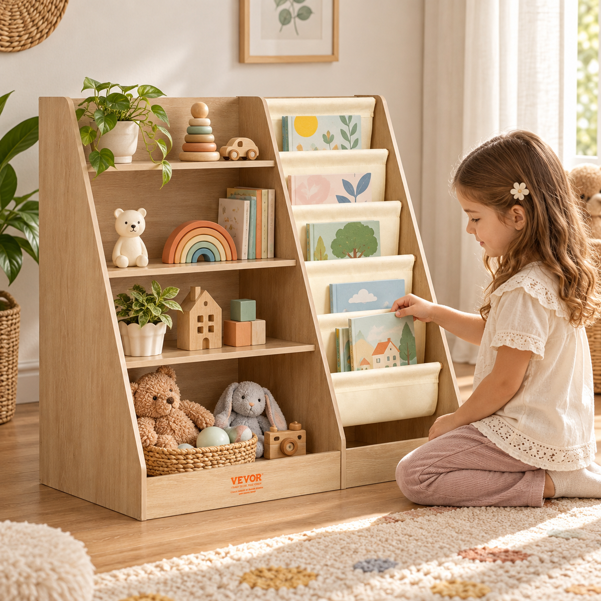 StoryNest 4-tier kids bookshelf and toy organizer by Little Play World in a colorful children's room setup