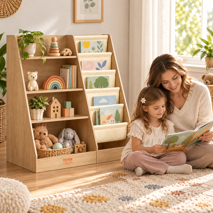 StoryNest 4-tier kids bookshelf and toy organizer by Little Play World in a children’s room setup