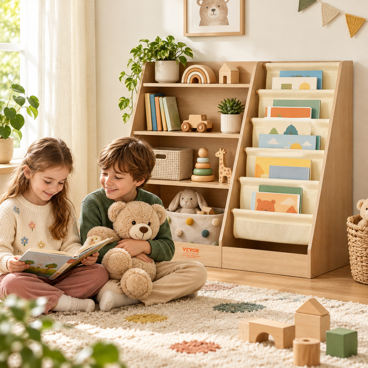 Little Play World StoryNest 4-tier kids bookshelf and toy organizer in a child's playroom