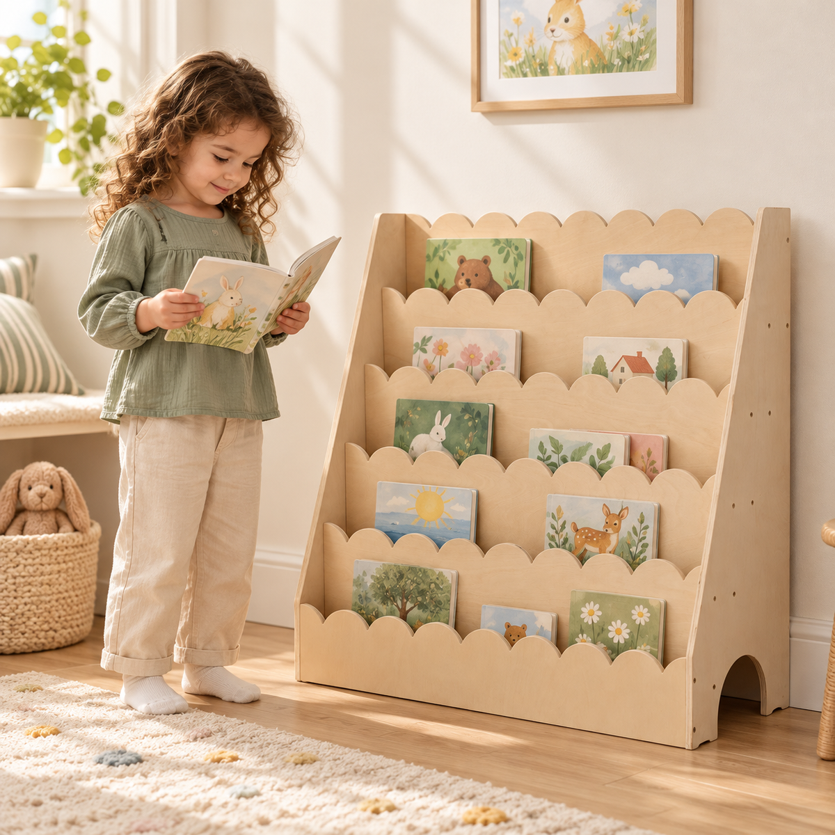 Little Play World StoryScape 5-tier kids' bookshelf displaying books for children, Montessori-inspired design