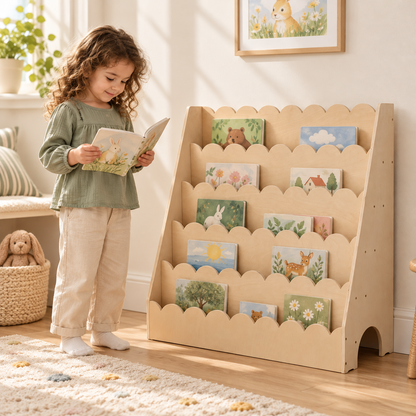 Little Play World StoryScape 5-tier kids' bookshelf displaying books for children, Montessori-inspired design
